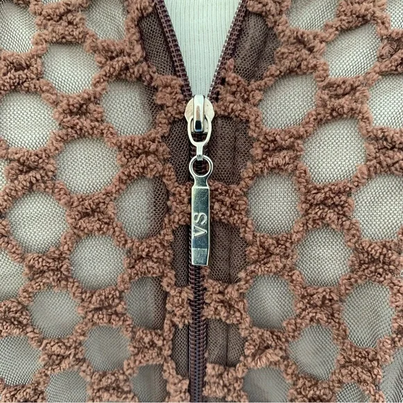 Vine Street Y2K Brown Textured Honeycomb Semi-Sheer Mesh Zip Front Hoodie Medium - Picture 5 of 9
